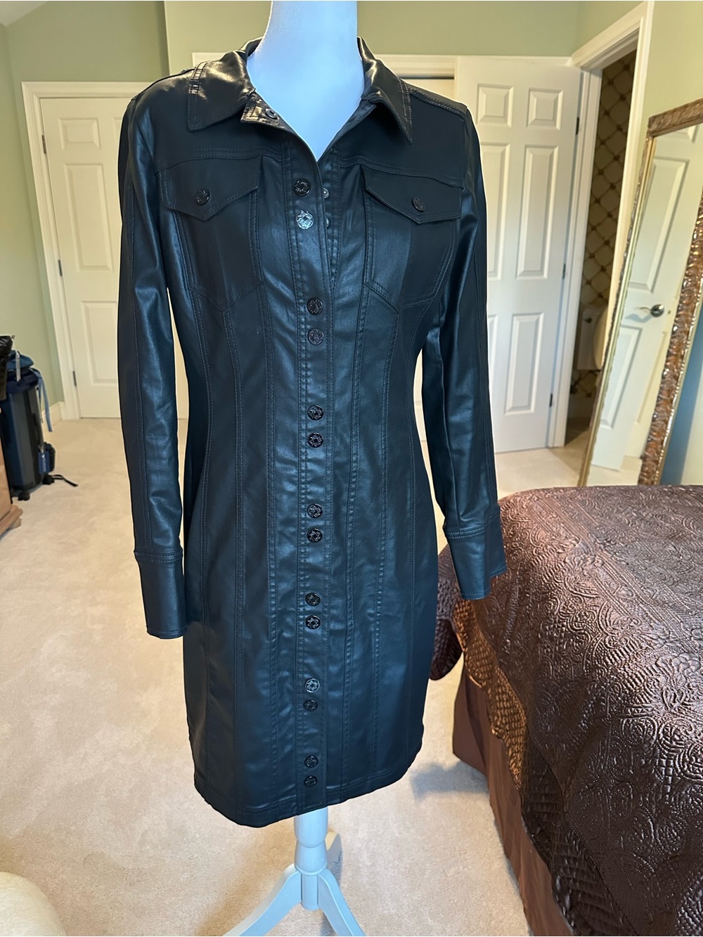 WHBM Black Coated Denim Long Sleeve Shirt Dress Size 8